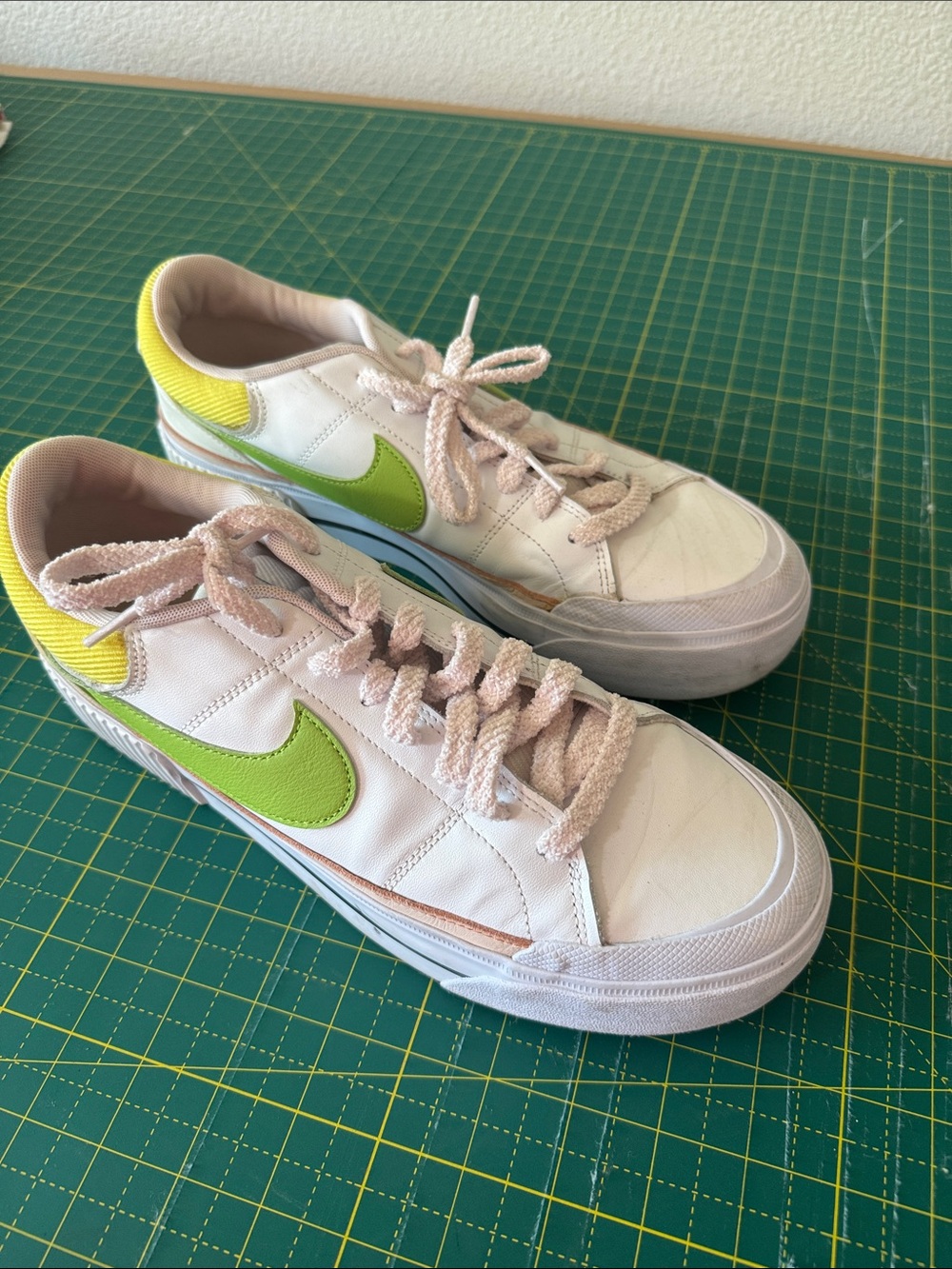 Nike White Sneakers with Lime Green Swoosh and Yellow Heel